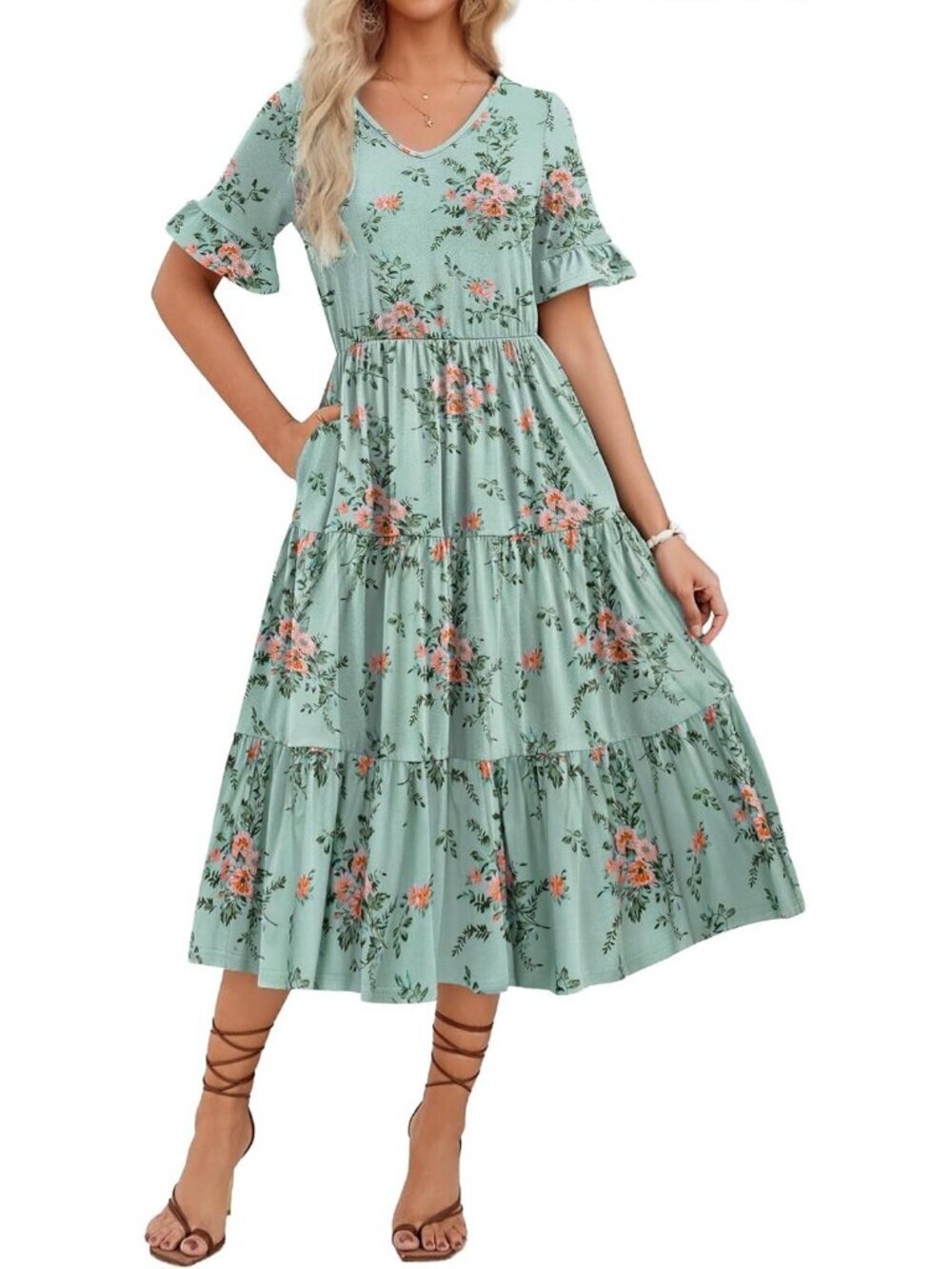 Zeagoo Women's Blue Floral Tiered Casual Neck Ruffle Short Midi Maxi Dress